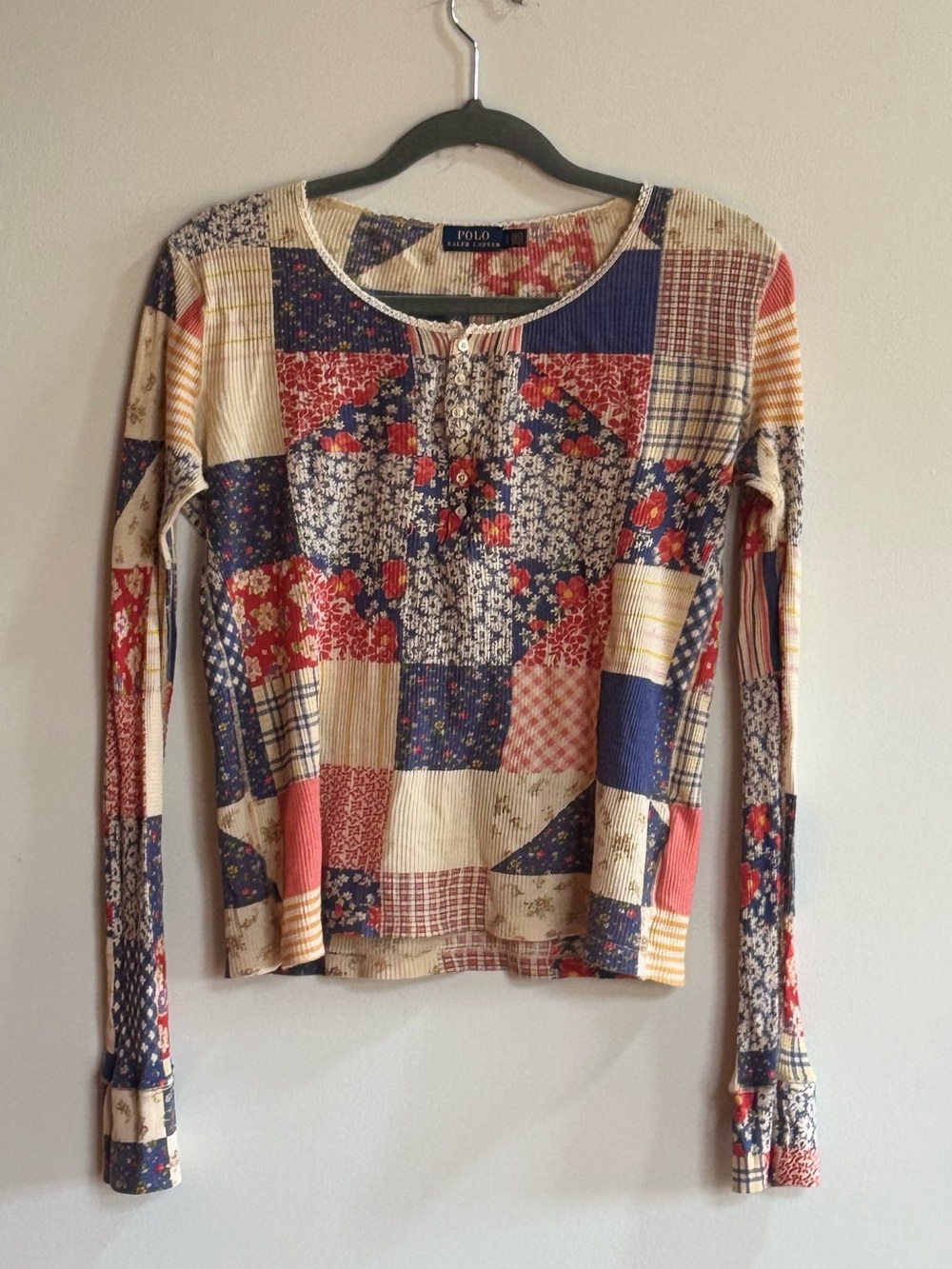 Polo Ralph Lauren Cottagecore Patchwork Waffle Knit Henley Top L